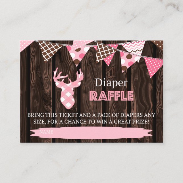 Rustic Wood Pink Plaid Deer Diaper Raffle Ticket Enclosure Card (Front)