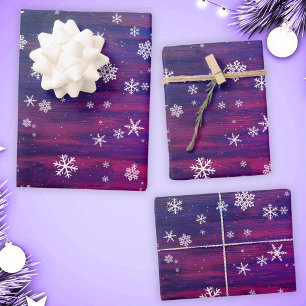 Rustic Wood Pink Purple Snowflake Christmas Wrapping Paper Sheet