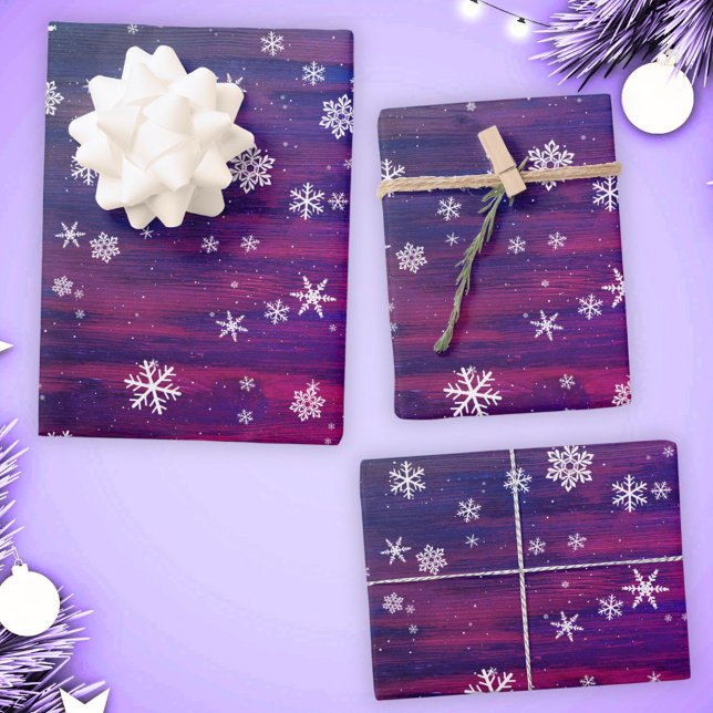 Rustic Wood Pink Purple Snowflake Christmas Wrapping Paper Sheet (Creator Uploaded)