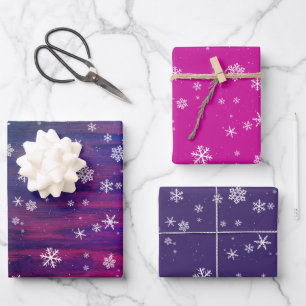 Rustic Wood Pink Purple Snowflake Christmas Wrapping Paper Sheet