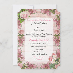 Rustic Wood Pink Rose Elegant Wedding Invitations