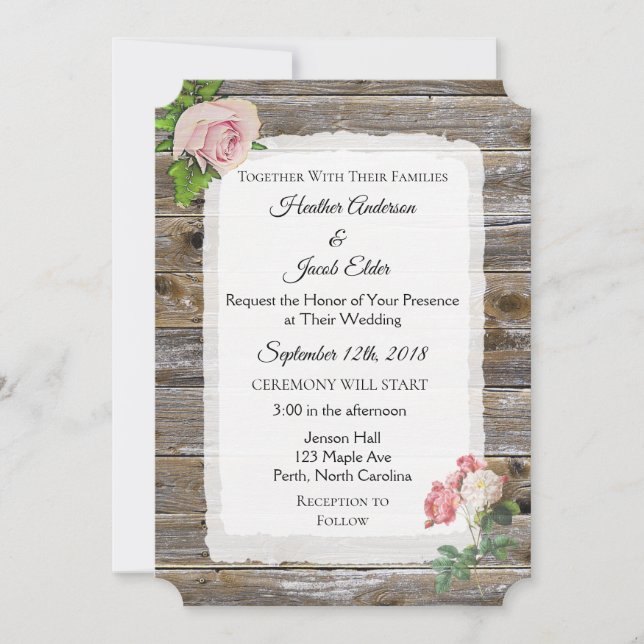 Rustic Wood Pink Rose Elegant Wedding Invitations (Front)