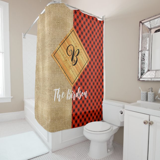Rustic Wood Plaid Burlap, Name Monogrammed  Shower Curtain (In Situ)