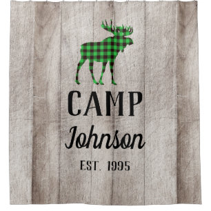Rustic Wood Plaid Moose Family Camp Shower Curtain