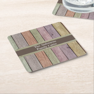 Rustic Wood Plank Family Cabin Customisable Square Paper Coaster