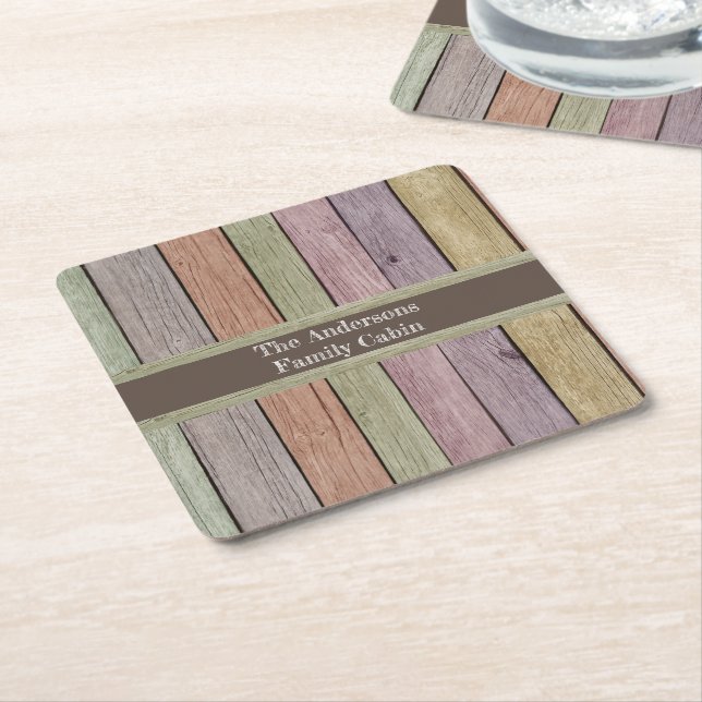 Rustic Wood Plank Family Cabin Customisable  Square Paper Coaster (Angled)