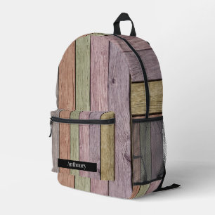 Rustic Wood Plank Pastel Personalised Name Printed Backpack