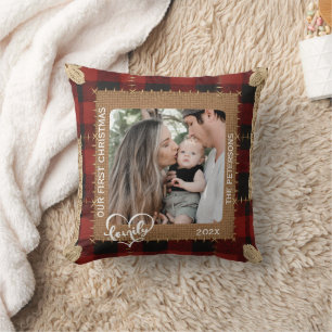 Rustic Wood Plank Plaid First Christmas Family Cushion