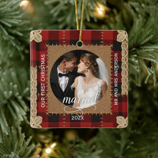 Rustic Wood Plank Plaid First Christmas Married  Ceramic Ornament (Tree)