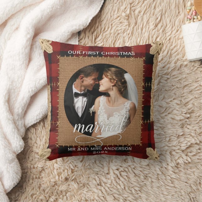 Rustic Wood Plank Plaid First Christmas Married  Cushion (Blanket)