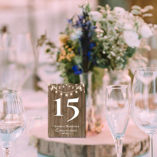 Rustic Wood Planks String of Lights Quinceañera Table Number