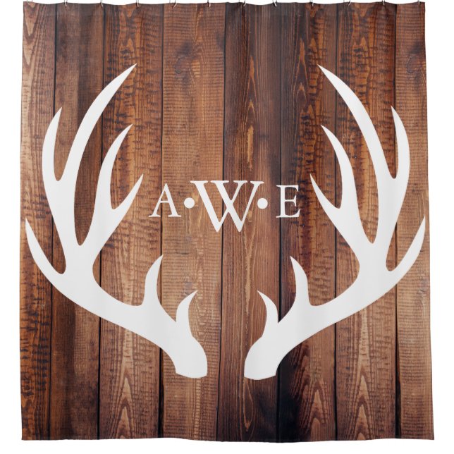 Rustic Wood Planks White Deer Antlers - Monogram Shower Curtain (Front)