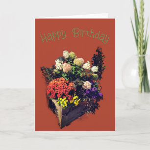 Rustic wood planter with summer blooms Birthday Card