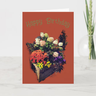 Rustic wood planter with summer blooms Birthday Card