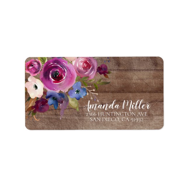 Rustic Wood Plum Blue Floral Return Address Label (Front)