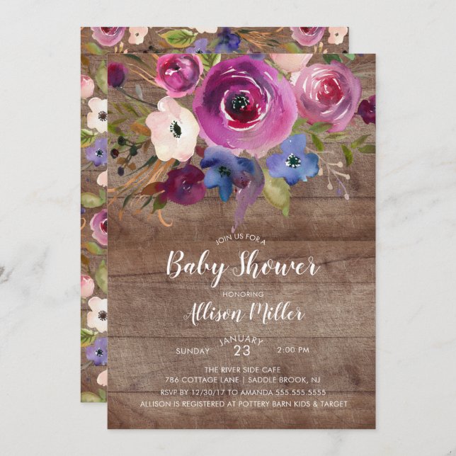Rustic Wood Plum Floral Baby Shower Invitation (Front/Back)