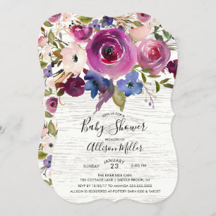 Rustic Wood Plum Floral Baby Shower Invitation