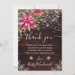 Rustic Wood & Poinsettia Birthday Party Thank You Card