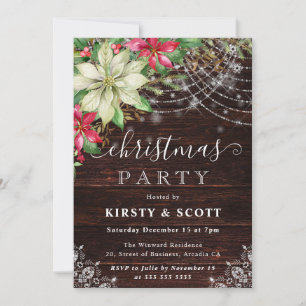 Rustic Wood & Poinsettia Christmas Party Invitation