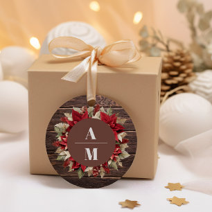 Rustic Wood Poinsettia Floral Christmas Wedding    Classic Round Sticker