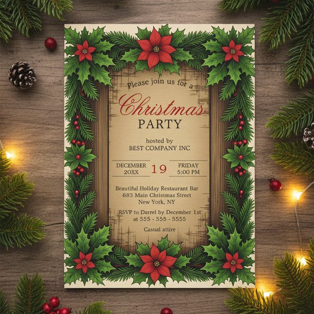 Rustic Wood Poinsettia Holly Wreath Christmas Invitation (Creator Uploaded)