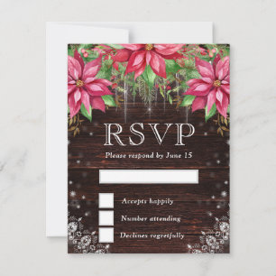 Rustic Wood & Poinsettia Winter Wedding RSVP Card