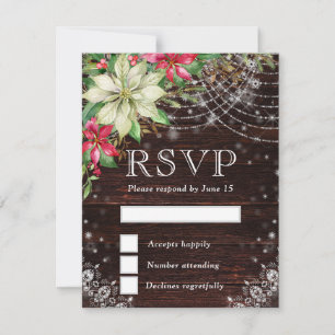 Rustic Wood & Poinsettia Winter Wedding RSVP Card