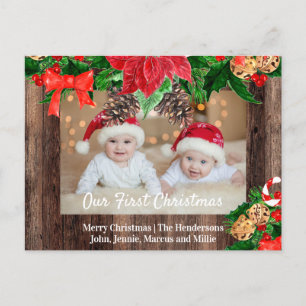 Rustic Wood Poinsettias Twins First Christmas Holiday Postcard