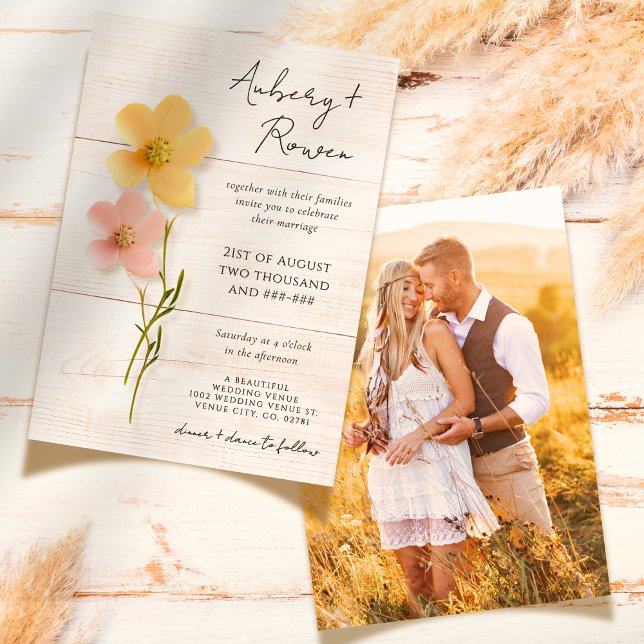 Rustic Wood Pressed Wildflower Boho Photo Wedding Invitation (Creator Uploaded)