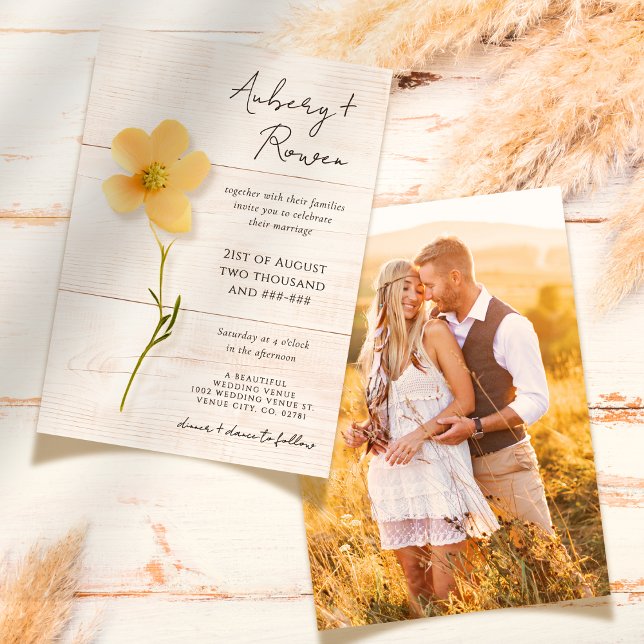 Rustic Wood Pressed Wildflower Boho Photo Wedding Invitation (Creator Uploaded)