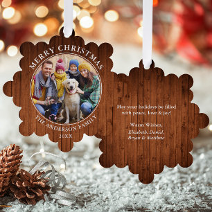 Rustic Wood Print Merry Christmas Photo Tree Decoration Card