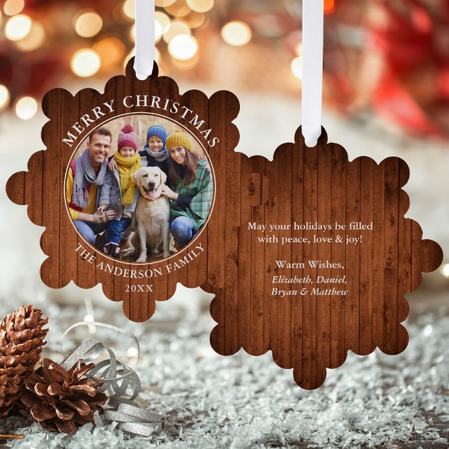 Rustic Wood Print Merry Christmas Photo Tree Decoration Card (A greeting card that is also an ornament! Customize with your photo and personalized text.)