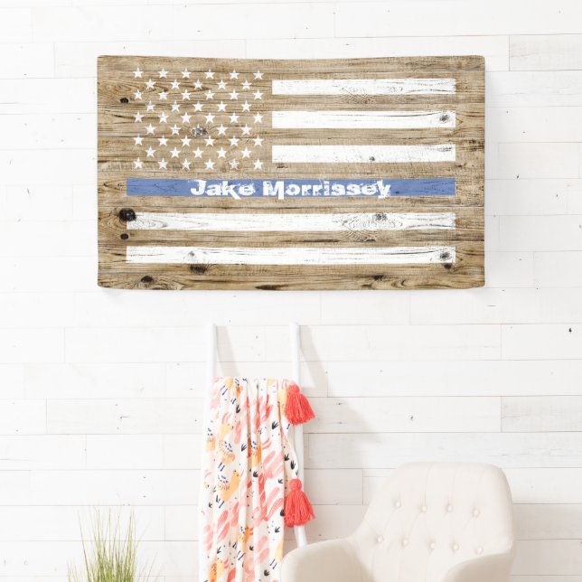 Rustic Wood Print Thin Blue Line USA Flag Name Banner (Insitu)