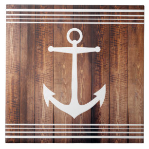 Rustic Wood Print & White Nautical Anchor Ceramic Tile