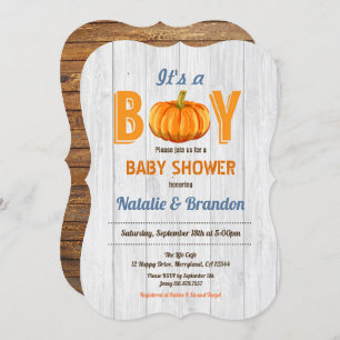Rustic wood pumpkin baby boy shower invitation