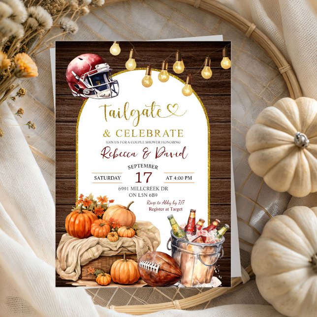 Rustic Wood Pumpkin Football Couple Wedding Shower Invitation (Creator Uploaded)