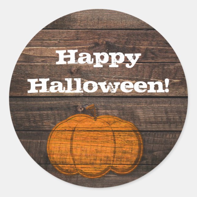 Rustic Wood Pumpkin Halloween Fall Autumn Favour Classic Round Sticker (Front)
