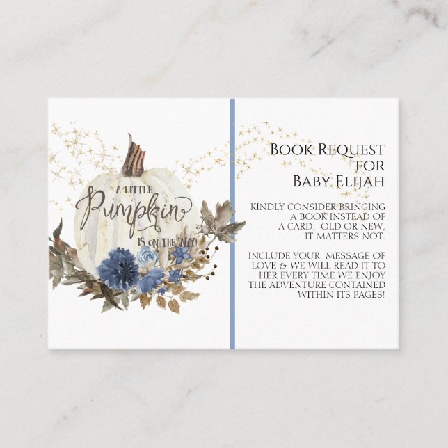 Rustic Wood Pumpkin Navy Blue Floral Book Request Business Card (Front)