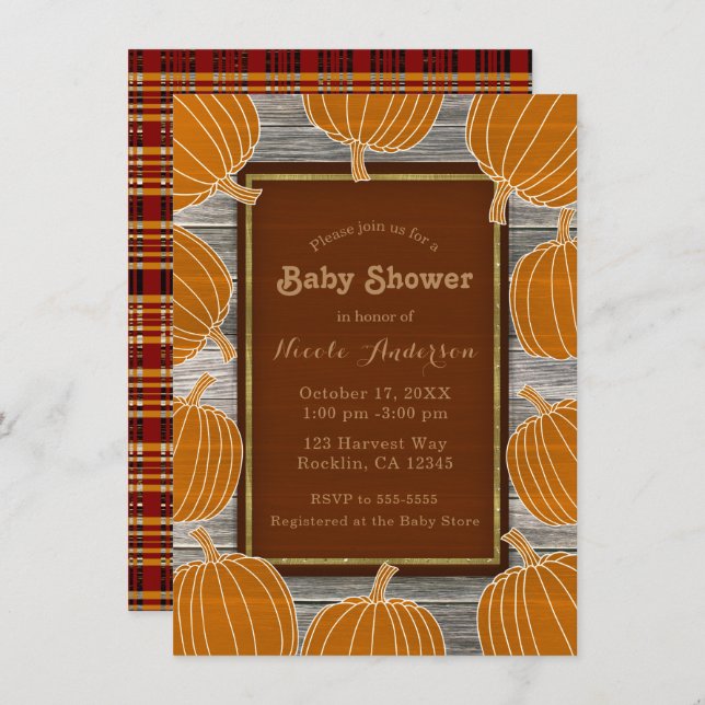 Rustic Wood & Pumpkins Fall Baby Shower Party Invitation (Front/Back)