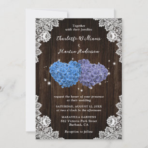 Rustic Wood Purple and Blue Floral Hearts Wedding Invitation