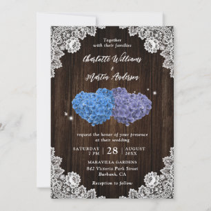 Rustic Wood Purple and Blue Floral Hearts Wedding Invitation