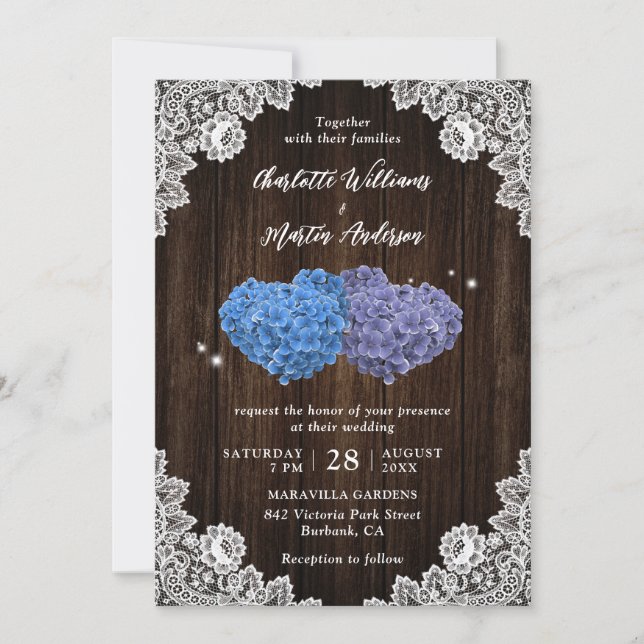 Rustic Wood Purple and Blue Floral Hearts Wedding Invitation (Front)