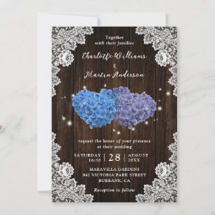 Rustic Wood Purple and Blue Floral Hearts Wedding Invitation