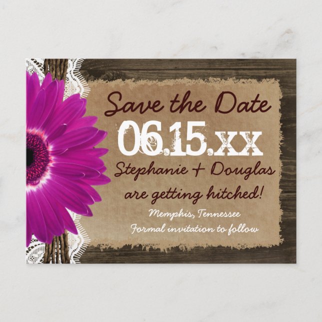 Rustic Wood Purple Daisy Save the Date Postcards (Front)