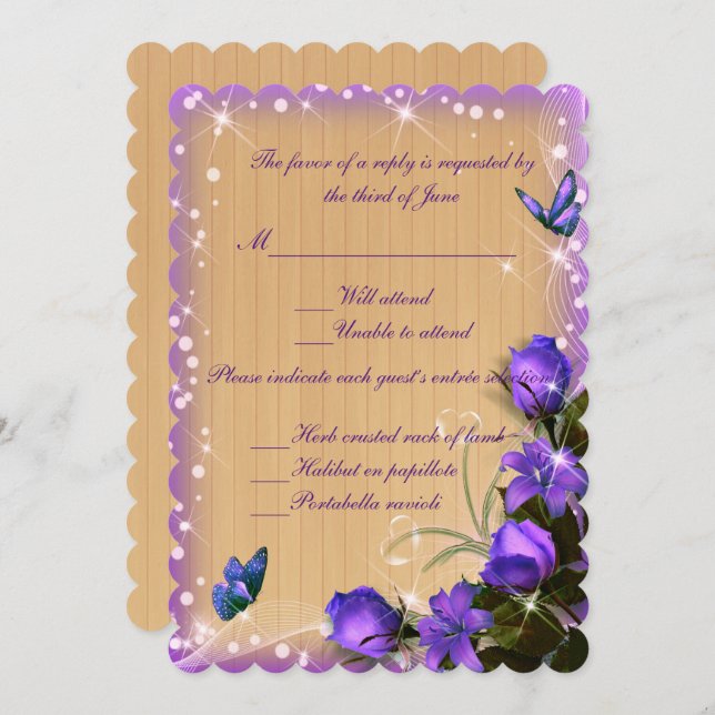 Rustic Wood Purple Floral Butterfly Response Card (Front/Back)