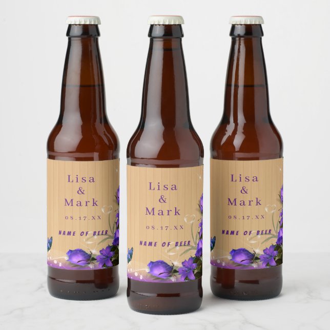 Rustic Wood Purple Floral Butterfly Wedding Beer Bottle Label (Bottles)