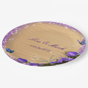 Rustic Wood Purple Floral Butterfly Wedding Paper Plate