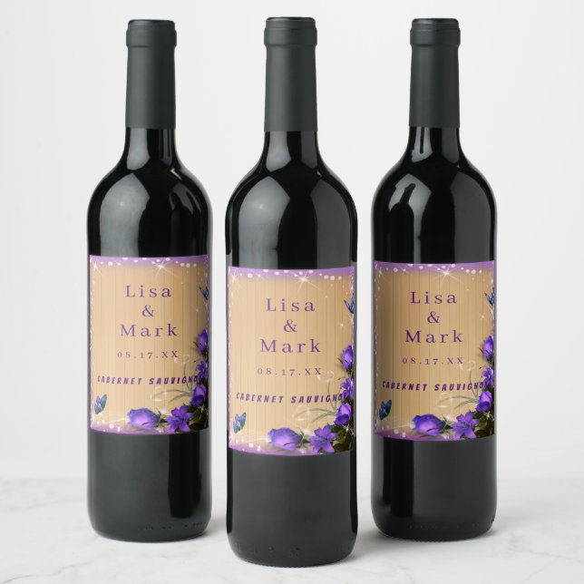 Rustic Wood Purple Floral Butterfly Wedding Wine Label (Bottles)