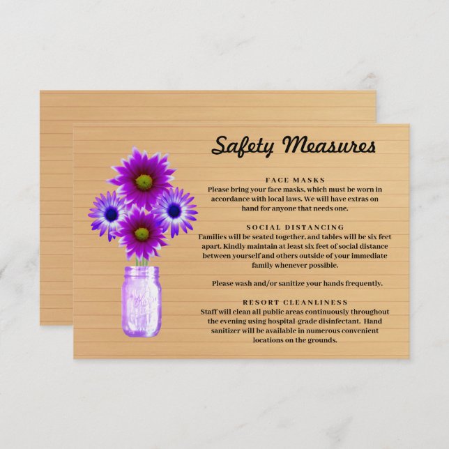Rustic Wood Purple Floral Mason Jar Safety Measure Enclosure Card (Front/Back)