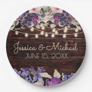 Rustic Wood Purple Floral String Lights Wedding Paper Plate